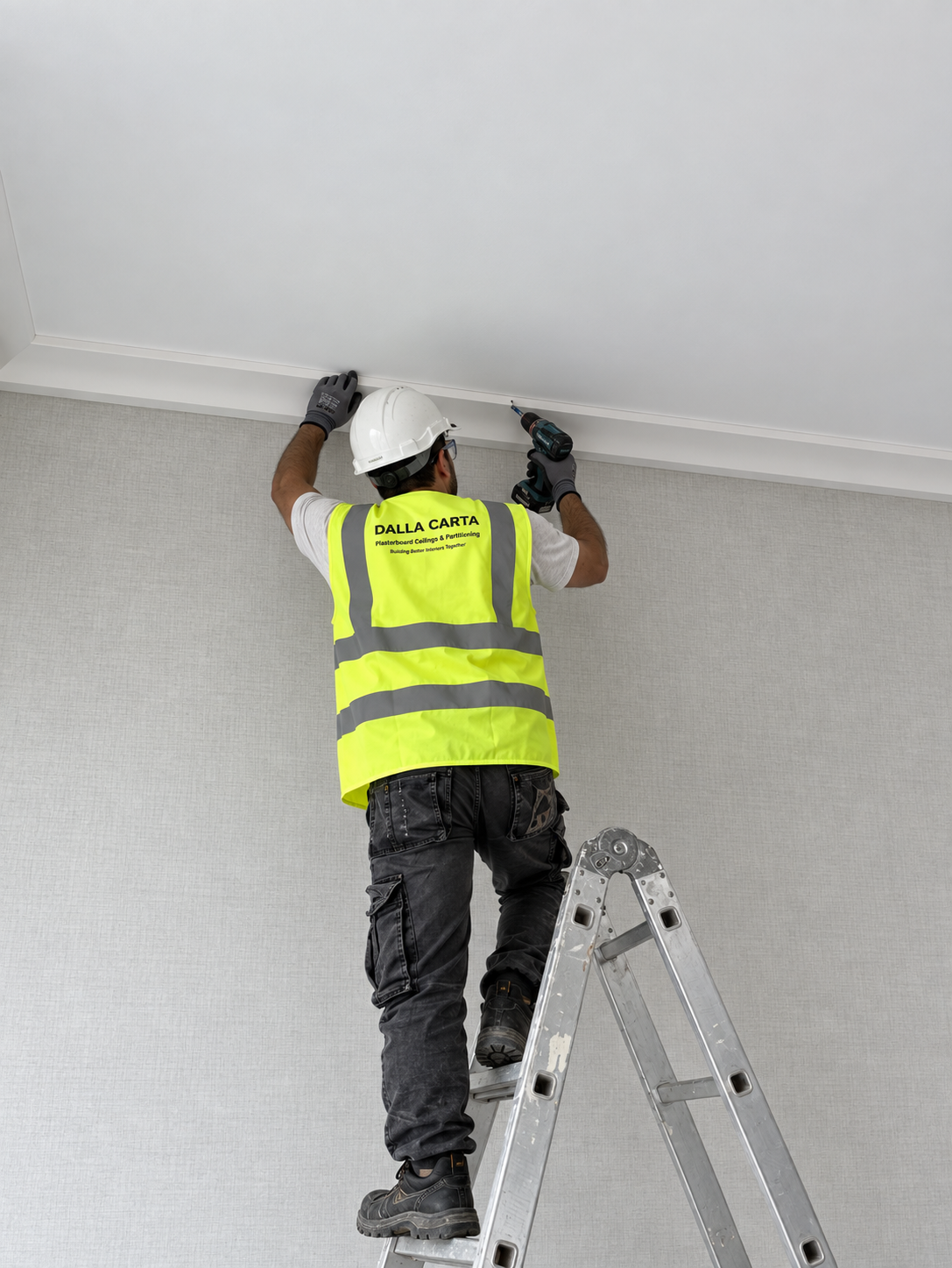 Edited image of a Dalla Carta team member installing ceiling trim with protective equipment